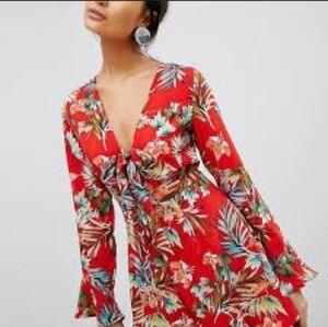 Parisian Tropical Print Romper With Tie Front